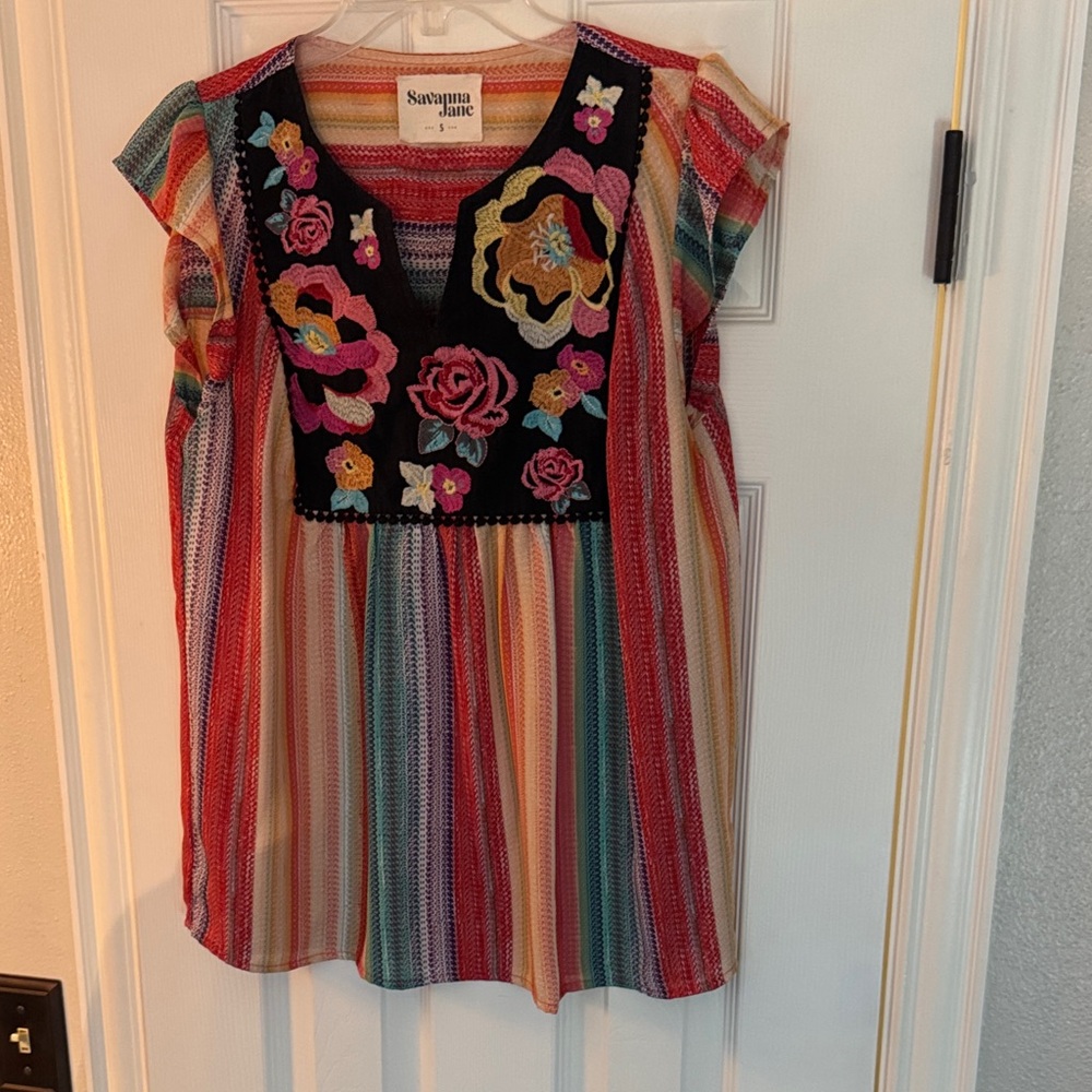 Savanna Jane Colorful Striped Embroidered Blouse
